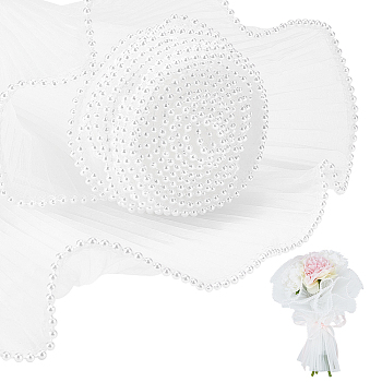Polyester Flower Bouquet Wrapping Mesh Paper, with ABS Plastic Imitation Pearl Edge, Bouquet Packaging Paper Wrinkled Wavy Net Yarn, for Valentine's Day, Wedding, Birthday Decoration, White, 140~150mm, 4yards