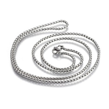 304 Stainless Steel Box Chain Necklaces, with Lobster Claw Clasps, Stainless Steel Color, 23.6 inch(60cm), 2.0mm