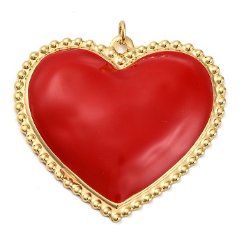 Brass Enamel Pendants, with Jump Ring, Real 18K Gold Plated, Heart Charm, Red, 41x43.5x5.5mm, Hole: 3.4mm