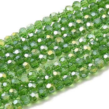 Electroplate Glass Beads Strands, AB Color Plated, Faceted(32 Facets), Round, Olive Drab, 4mm, Hole: 0.5mm, about 100pcs/strand, 14.2 inch