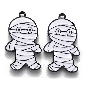 Halloween Theme Alloy Enamel Pendants, White Mummy Shape, Electrophoresis Black, 26.5x16x1.5mm, Hole: 1.6mm