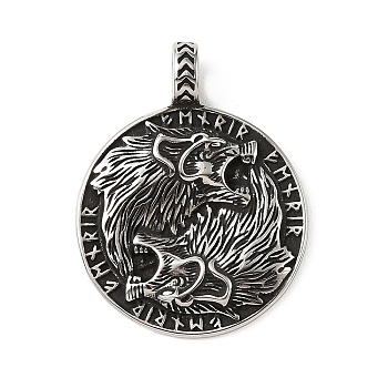 304 Stainless Steel Pendants, Flat Round with Viking Lion Charm, Antique Silver, 46x36x8.5mm, Hole: 7x5mm