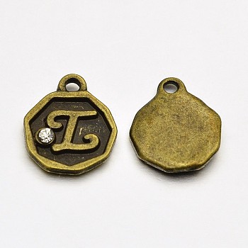 Antique Bronze Plated Alloy Rhinestone Charms, Flat Round with Letter.L, Nickel Free, 13x10x1.5mm, Hole: 1mm