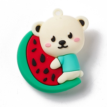 PVC Plastic Pendants, Bear with Watermelon, Red, 47x43x19.5mm, Hole: 3mm