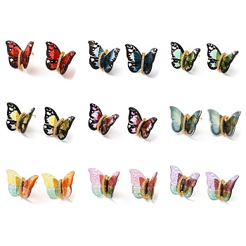 Film Butterfly Stud Earrings with Cubic Zirconia, Real 18K Gold Plated Brass Earrings, Lead Free & Cadmium Free, Mixed Color, 17x22~23mm