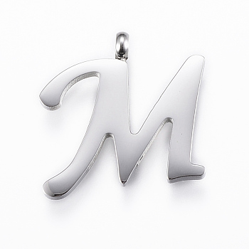 304 Stainless Steel Pendants, Initial Letter, Letter.M, Stainless Steel Color, 18x19x2mm, Hole: 2mm