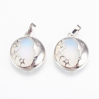 Opalite Pendants, with Brass Findings, Flat Round with Star, Platinum, 27x23x6.5mm, Hole: 5x8mm