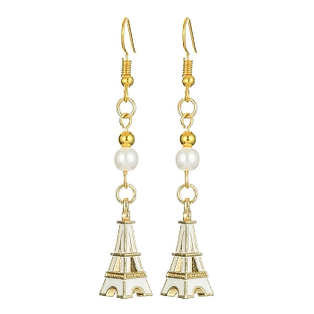 Alloy Enamel Eiffel Tower Dangle Earrings with Imitation Pearl Beaded, Golden Long Drop Earrings with Iron Earring Pins, White, 64x9mm