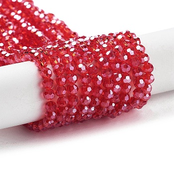 Electroplate Transparent Glass Beads Strands, Faceted, Round, Pearl Luster Plated, Dark Red, 4mm, Hole: 0.7mm, about 88~95pcs/strand, 12.99~14.06 inch(33~35.7cm)