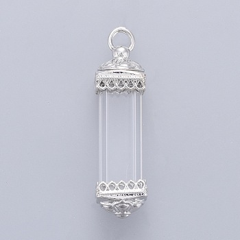 Organic Glass Pendants, with Openable Brass Screw Caps, Cuboid Lantern, Platinum, Clear, 46x12.5x12.5mm, Hole: 3x4mm