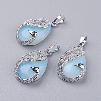 Opalite Pendants, with Brass Finding, Teardrop with Peacock, Platinum, 33x20x10.5mm, Hole: 5x6.5mm