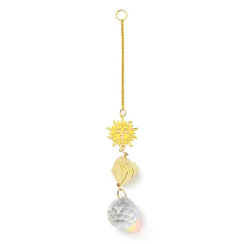 Wire Wrapped Nuggets Natural Citrine Pendant Decorations, Brass Sun and Glass Round Tassels Hanging Ornaments, 235mm, Hole: 11mm