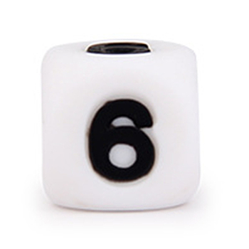 Silicone Beads, for Bracelet or Necklace Making, Black Arabic Numerals Style, White Cube, Num.6, 10x10x10mm, Hole: 2mm