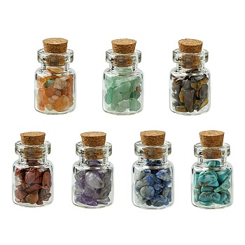 Transparent Glass Wishing Bottle Decoration, Wicca Gem Stones Balancing, with Chakra Synthetic & Natural Mixed Gemstone Beads Drift Chips inside, 15x25mm, 7pcs/set
