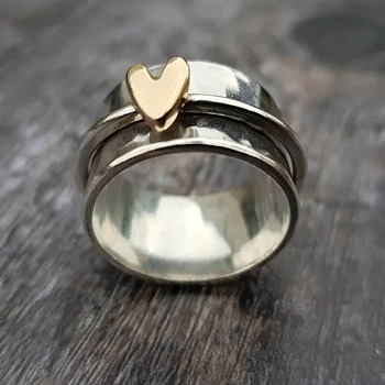 Heart Zinc Alloy Rotatable Finger Rings, Fidget Spinner Ring for Calming Worry Meditation, Platinum & Golden, US Size 8(18.1mm)