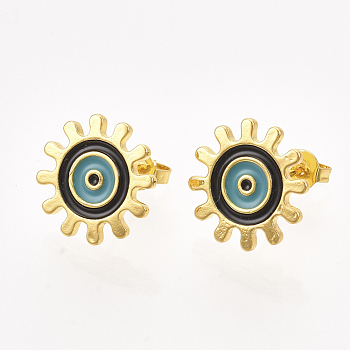 Brass Stud Earrings, with Enamel and Ear Nuts, Sun with Evil Eye, Black, 14mm, Pin: 0.8mm
