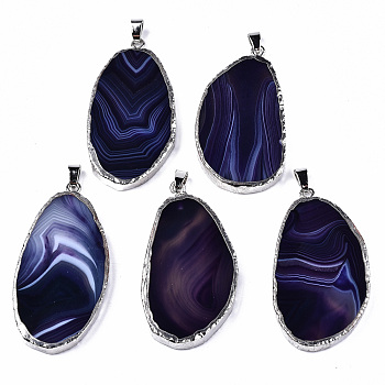 Edge Platinum Plated Natural Agate Slices Big Pendants, with Platinum Tone Iron Pinch Bail, Dyed, Teardrop, Marine Blue, 54~58x29~30x5~6mm, Hole: 7x3.5mm