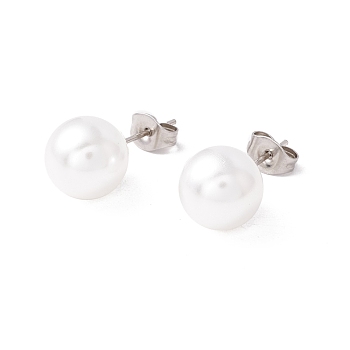 6 Pair Shell Pearl Round Ball Stud Earrings, 304 Stainless Steel Post Earrings for Women, White, Stainless Steel Color, 22x10mm, Pin: 1mm