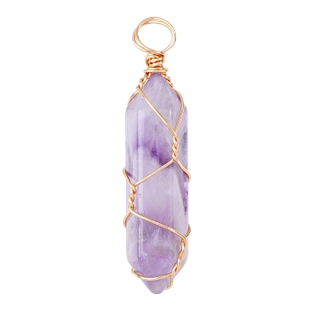 Natural Amethyst Pendants, with Golden Steel Wire, Hexagon Prism, 43x11x11mm, Hole: 5mm