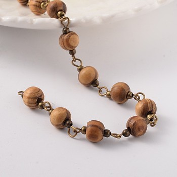 Round Handmade Wood Beaded Chains, Unwelded, with Brass Findings, Antique Bronze, Camel, 7mm, about 60pcs/strand, 39.3 inch