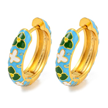 Rack Plating Brass Hoop Earrings, with Flower Enamel, Cadmium Free & Lead Free, Long-Lasting Plated, Real 18K Gold Plated, Pale Turquoise, 19x4.5mm