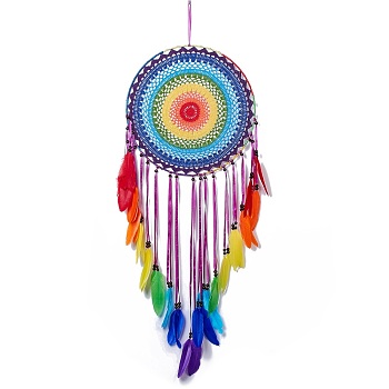 Native Style Iron Ring Woven Net/Web with Feather Wall Hanging Decoration, with Wooden Beads & Satin/Cotton Thread, for Home Offices Amulet Ornament, Colorful, 1170x405mm, Pendant: 1020mm long