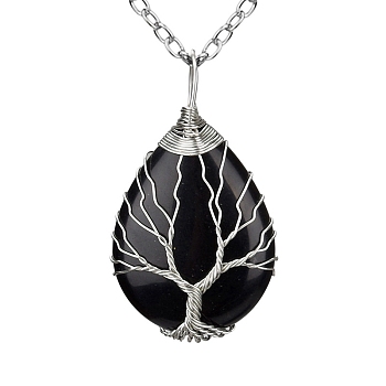 Natural Black Agate Teardrop Pendant Necklace, Platinum Copper Wire Wrap Necklace, 20.47 inch(52cm)