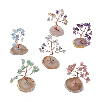 Natural Gemstone Tree Display Decoration, Agate Slice Base Feng Shui Ornament for Wealth, Luck, Rose Gold Brass Wires Wrapped, 44~56x53~66x85~96mm