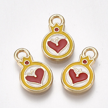 Alloy Charms, Cadmium Free & Lead Free, with Enamel, Flat Round with Heart, Light Gold, Red, 13.5x8x1mm, Hole: 2mm