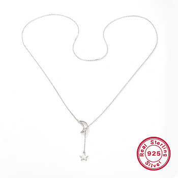 925 Sterling Silver Moon & Star Cable Chain Lariat Necklaces for Women, Silver Color Plated, 26.38 inch(67cm)