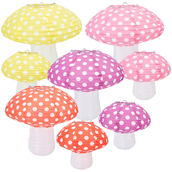 ARRICRAFT 8 Sets 8 Style 3D Mushroom-shaped Paper Lantern, with Iron Holder, for Birthday Party Decorations, Mixed Color, 1 set/style