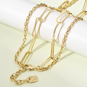 Brass Paperclip Chain Cable Chain Double Layer Necklaces, Rack Plating, Long-Lasting Plated, Cadmium Free & Lead Free, Real 18K Gold Plated, 16.54 inch(42cm)