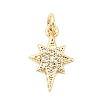 Brass Micro Pave Cubic Zirconia Pendants, Starburst Charms, with Jump Ring, Golden, 16.5x11x2mm, Hole: 3.2mm