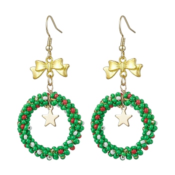 Handmade Seed Beads Dangle Earrings, with Alloy Pendants, Christmas Wreath, Green, 64x29mm