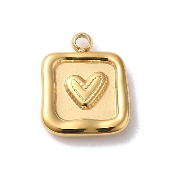 304 Stainless Steel Charms, Square with Heart Charm, Real 14K Gold Plated, 12.5x10x2.5mm, Hole: 1.2mm
