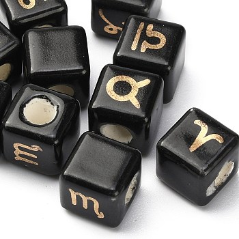 European Porcelain Beads, Cube with Printed Constellations, Black, 10~10.5x10~10.5x10~10.5mm, Hole: 4mm