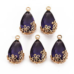 Transparent Glass Pendants, for DIY Jewelry Making, with Brass Findings, Faceted, Teardrop with Flower, Light Gold, Indigo, 16x9x6mm, Hole: 1.2mm(X-GLAA-T007-05G)