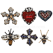 6Pcs 6 Style Bees Flower Heart Handicraft Acrylic Beaded Appliques, with Rhinestones, Costume Accessories, Mixed Color, 38.5~61.5x45~69x6~9mm, 1pc/style(PATC-GO0001-07)