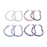 201 Stainless Steel Hoop Earrings, Beaded Hoop Earrings, with Natural Gemstone Beads, Heart, 72x63x4.5mm, Pin: 1x0.6mm(EJEW-JE04120)