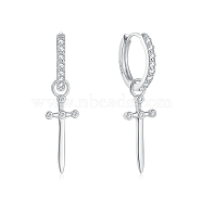 Anti-Tarnish Fashionable S925 Silver Zircon Cross Hoop Earrings for Halloween Costume Accessories, Platinum, 26x6mm(VE4564-2)