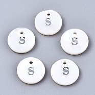 Natural Freshwater Shell Pendants, with Platinum Plated Iron Etched Metal Embellishments, Flat Round with Initial Letter, White, Letter.S, 11x2mm, Hole: 1.5mm(X-SHEL-Q018-01A-S-P)