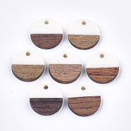 Resin & Walnut Wood Pendants, Flat Round, White, 14~15x3~4mm, Hole: 1.8mm(RESI-S358-02E-01)
