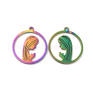 Ion Plating(IP) 304 Stainless Steel Pendants, Flat Round with Girl Charm, Rainbow Color, 20x18x1mm, Hole: 1.5mm(STAS-L020-034RC)