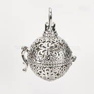 Brass Cage Pendants, For Chime Ball Pendant Necklaces Making, Hollow, Round with Flower, Platinum, 28x25.5x21mm, Hole: 6x5mm, Inner Measure: 16.5mm(X-KK-S337-052)