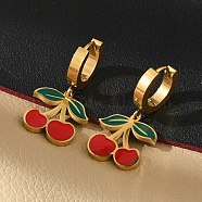 304 Stainless Steel Enamel Hoop Earrings, Cherry, Golden, 30x16mm(EJEW-M080-01G)