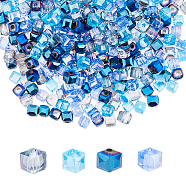 4 Strand 4 Color Transparent Electroplate Glass Beads Strands, Faceted, Cube, AB Color Plated, Blue, 4x4x4mm, Hole: 1mm, about 100pcs/strand, 17 inch(43.18cm), 1 Strand/color(EGLA-DC0001-07C)