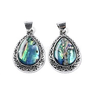 Natural Paua Shell Teardrop Pendants, Antique Silver Tone Alloy Drop Charms, Colorful, 39.5x27x6.5mm, Hole: 6x7.4mm(FIND-A036-02AS-02)