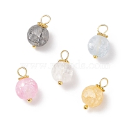 Frosted Dyed Synthetic Crackle Quartz Charms, with Golden Tone Brass Loops and Alloy Daisy Spacer Beads, Round, Mixed Color, 12~13.5x8~8.5mm, Hole: 2.5~3mm(PALLOY-JF01780)