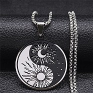 304 Stainless Steel Enamel Yin Yang with Sun & Moon Pendant Necklaces, Box Chains Necklaces for Women Men, Stainless Steel Color, 23.46 inch(59.6cm)(NJEW-G115-05P)