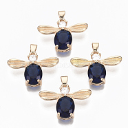 Glass Pendants, with Micro Pave Cubic Zirconia and Brass Open Back Settings, Faceted, Light Gold, Bee, Dark Blue, 17x23x6mm, Hole: 2mm(GLAA-T021-06A)